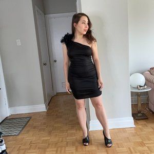 Symphony Little Black Ruched Dress with flower